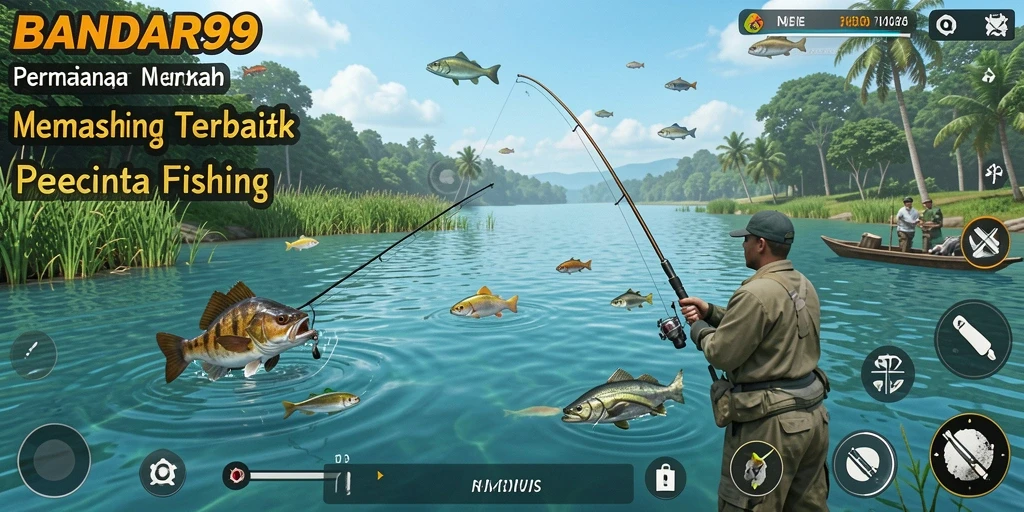 Screenshot gameplay BANDAR99 menunjukkan aksi memancing seru di lokasi indah.