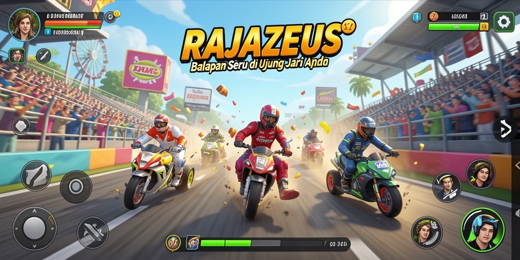 Screenshot dari gameplay <strong>RAJAZEUS</strong> yang menunjukkan balapan seru di lintasan yang menantang.